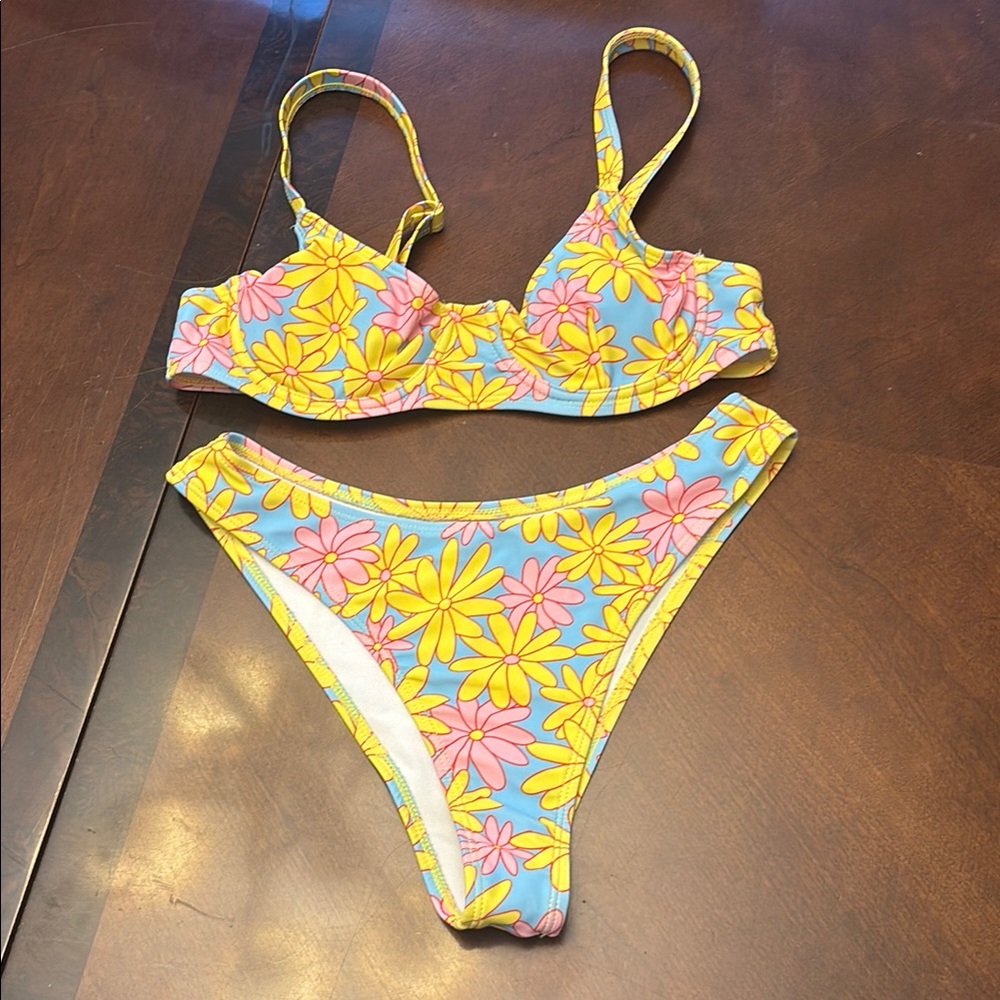 Floral Bikini Set in Blue and Yellow